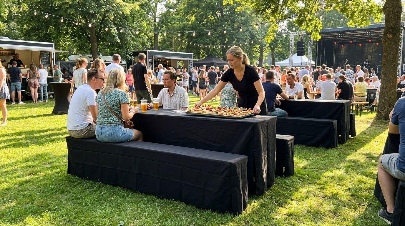 Hussen Bierzeltgarnitur mieten & vermieten - Hussen-Set für Bierzeltgarnitur (Standard 50cm) – 3-teilig in Weiß oder Schwarz in Wuppertal