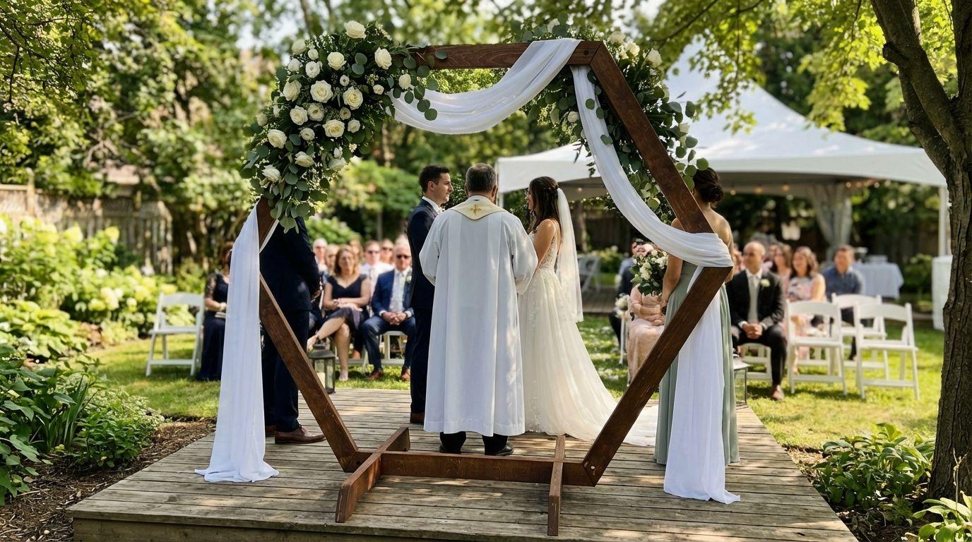Stehtischhussen mieten & vermieten - Traubogen mieten – Hexagon aus Holz (XXL 220x250 cm) – Boho & Vintage Hochzeit in Wuppertal