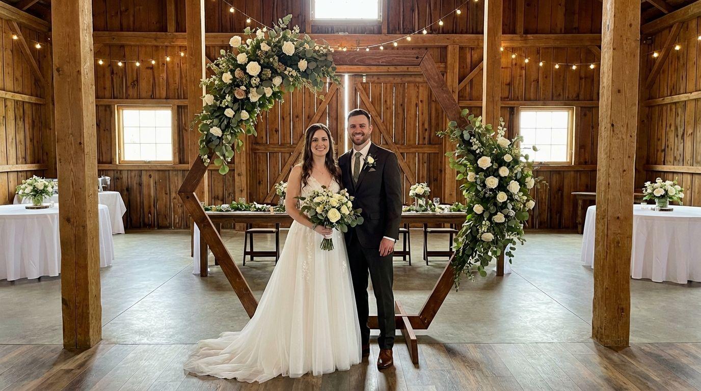 Stehtischhussen mieten & vermieten - Traubogen mieten – Hexagon aus Holz (XXL 220x250 cm) – Boho & Vintage Hochzeit in Wuppertal