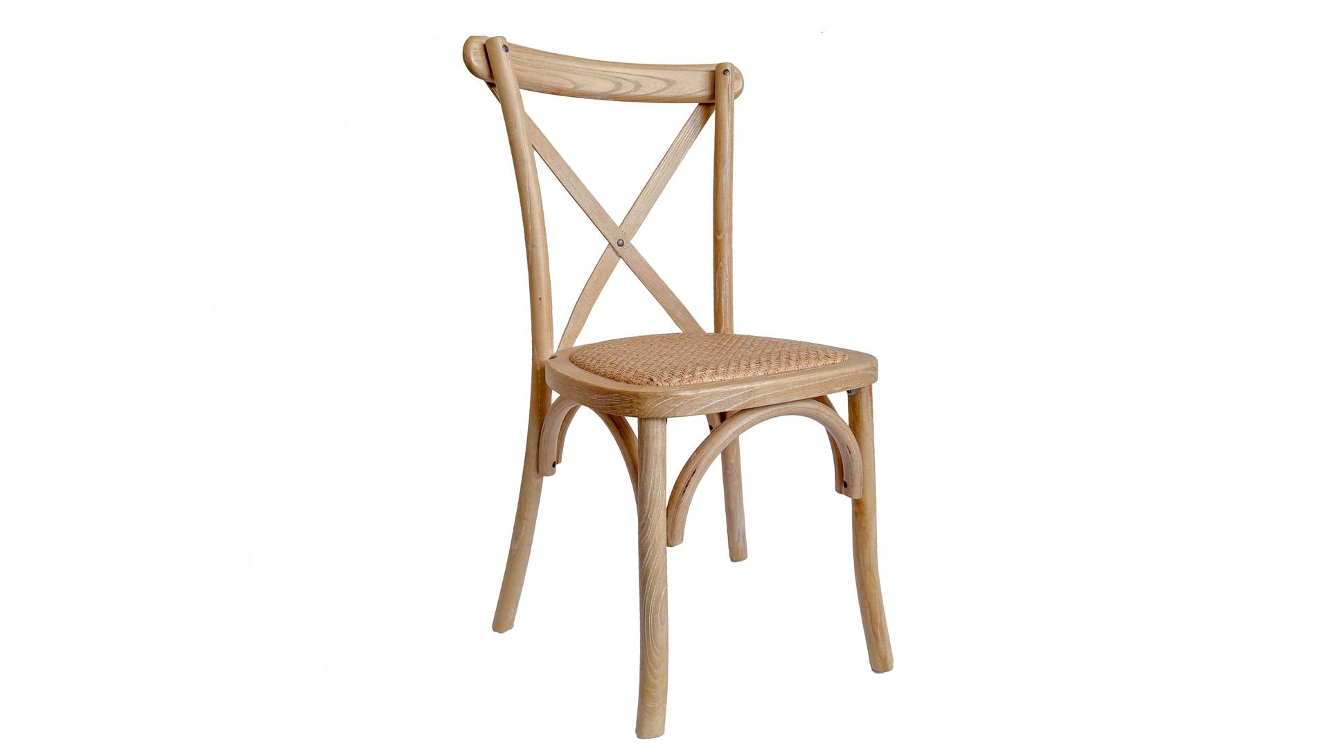 Stühle mieten & vermieten - Holzstuhl CROSSBACK PROVENCE naturbraun mit Rattan Sitzfläche | weds4rent in Backnang