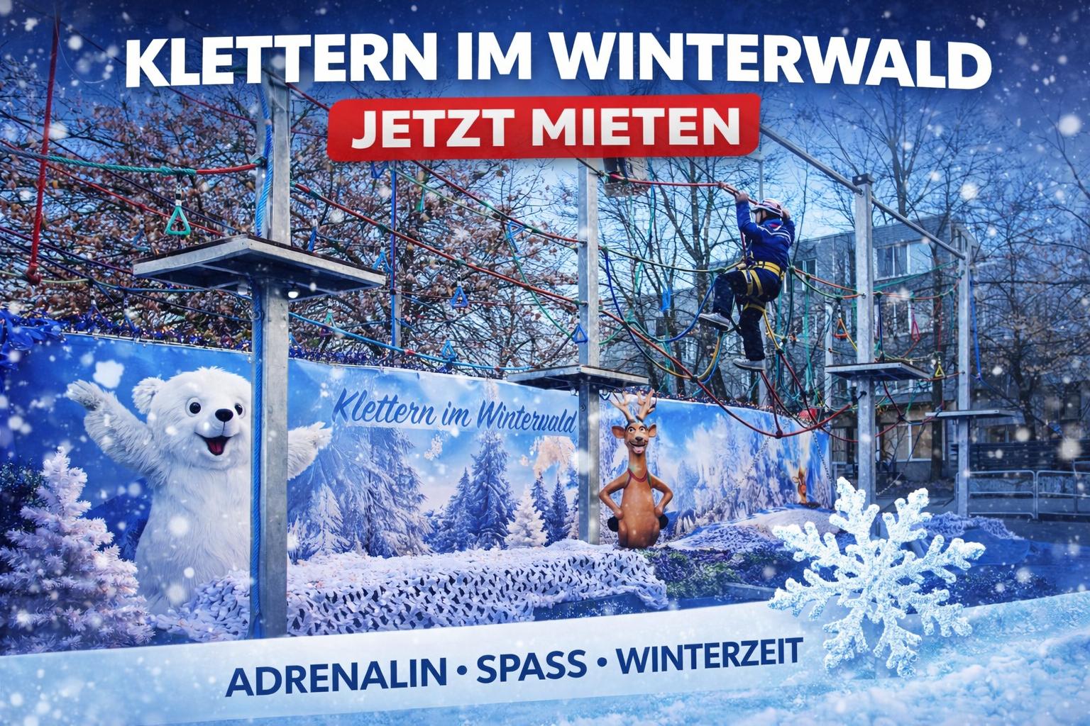 Klettergeräte mieten & vermieten - Klettern im Winterwald mieten – Der mobile Kinderhochseilgarten als Winter-Attraktion in Bramsche