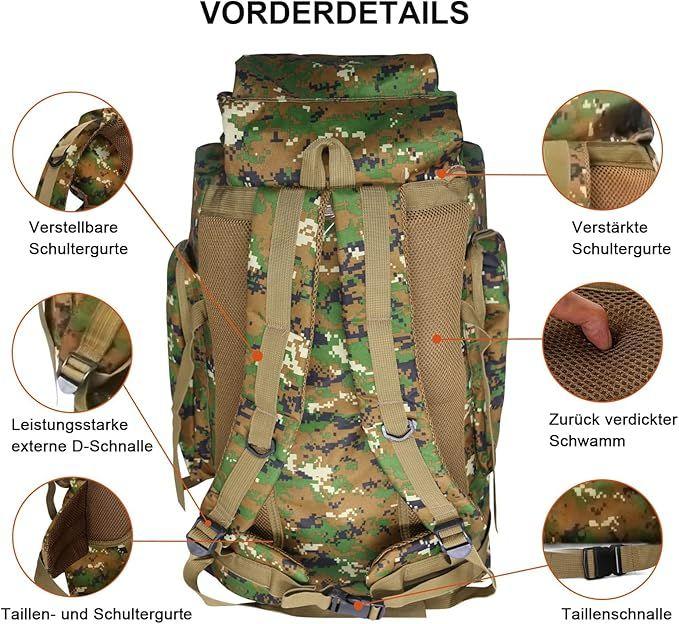 Campingzubehör mieten & vermieten - Kampfrucksack 80L Tarnrucksack Angelrucksack Bergsteigerrucksack Militärrucksack Camouflag Rucksack in Elsdorf (Rheinland)
