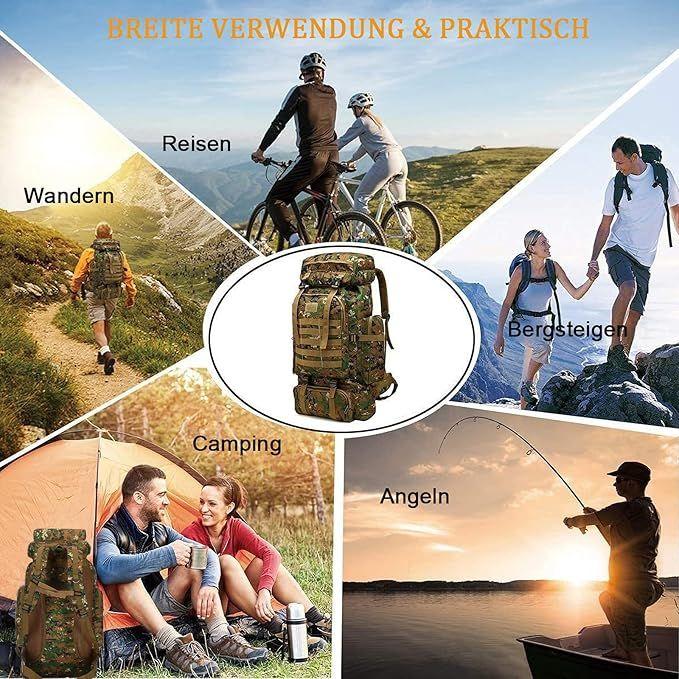 Campingzubehör mieten & vermieten - Kampfrucksack 80L Tarnrucksack Angelrucksack Bergsteigerrucksack Militärrucksack Camouflag Rucksack in Elsdorf (Rheinland)