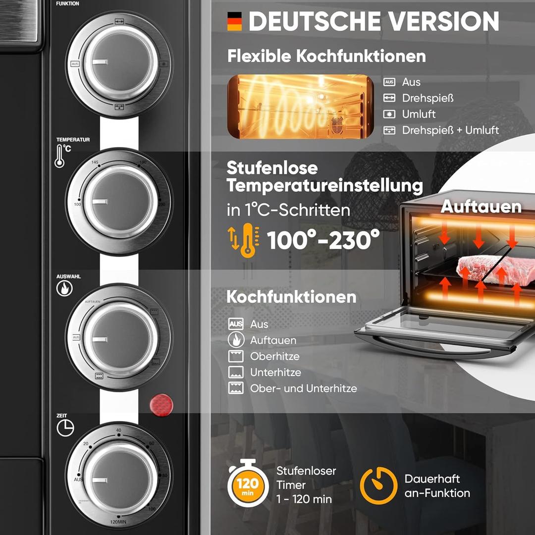 Grill & Ofen mieten & vermieten - Minibackofen Hähnchengrill Drehspieß Toaster Grill Pizzaofen mit Umluft 60L Antihaftbeschichtung in Elsdorf (Rheinland)