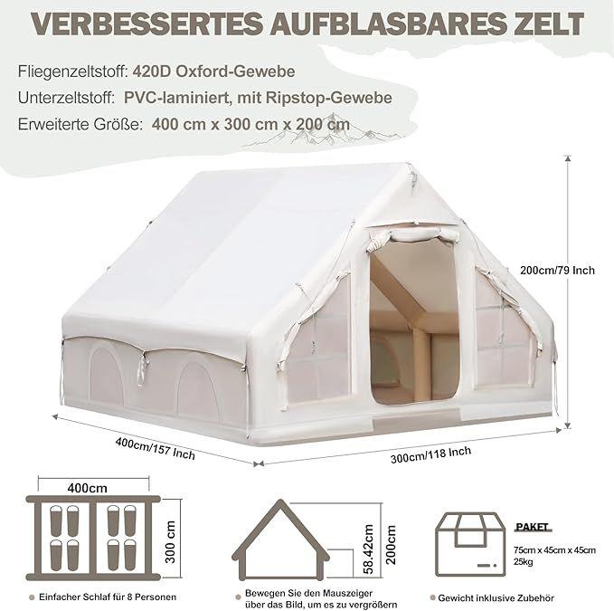 Camping Zelte mieten & vermieten - Glampingzelt aufblasbar 400 x 300 x 210 cm aufblasbares Campingzelt für 4–8 Personen großes Zelt in Elsdorf (Rheinland)