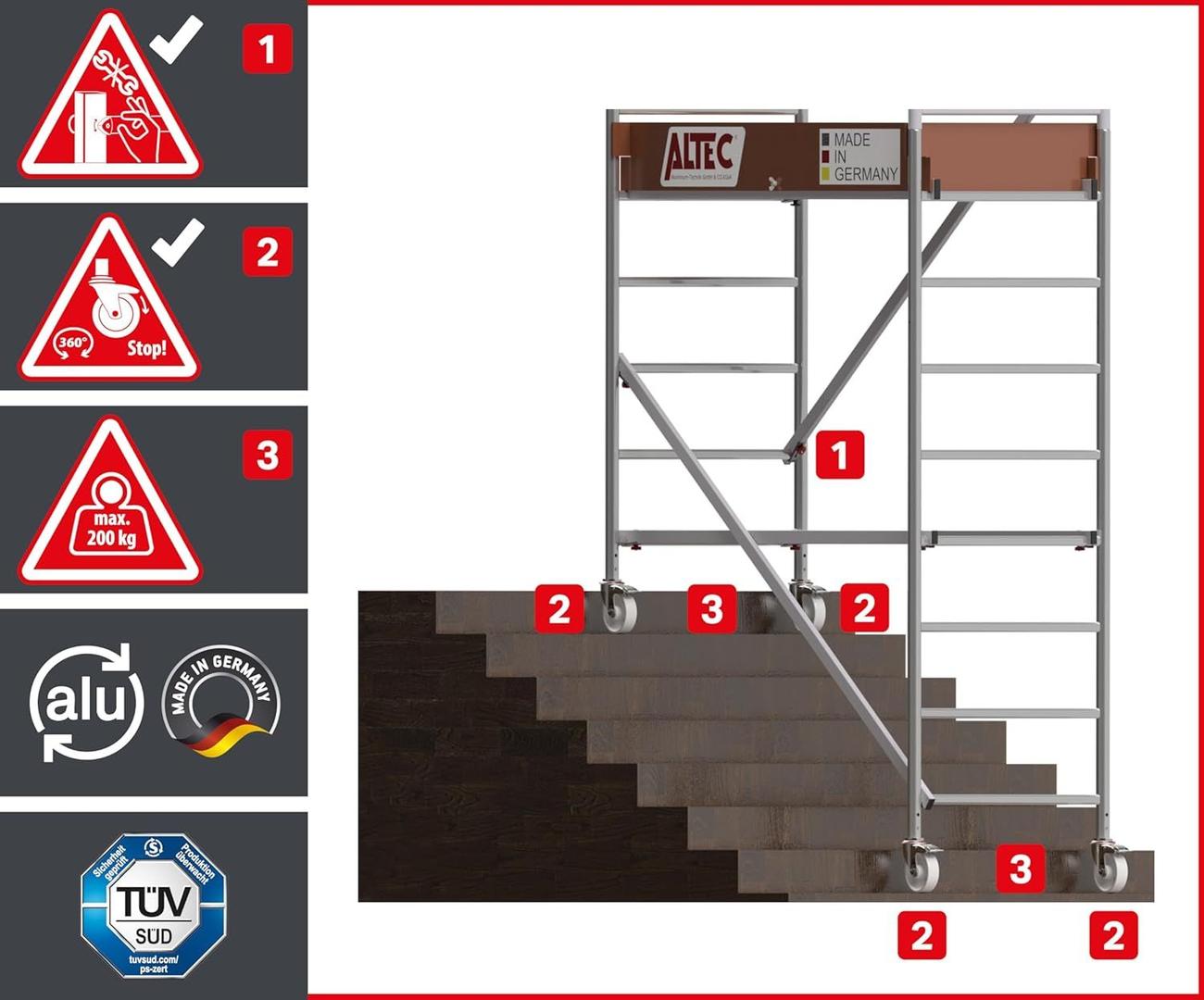 Gerüst mieten & vermieten - Treppengerüst 9,1 m Arbeitshöhe gebremste Lenkrollen TÜV Traglast 200kg/m² Alu Rollgerüst Baugerüst in Elsdorf (Rheinland)
