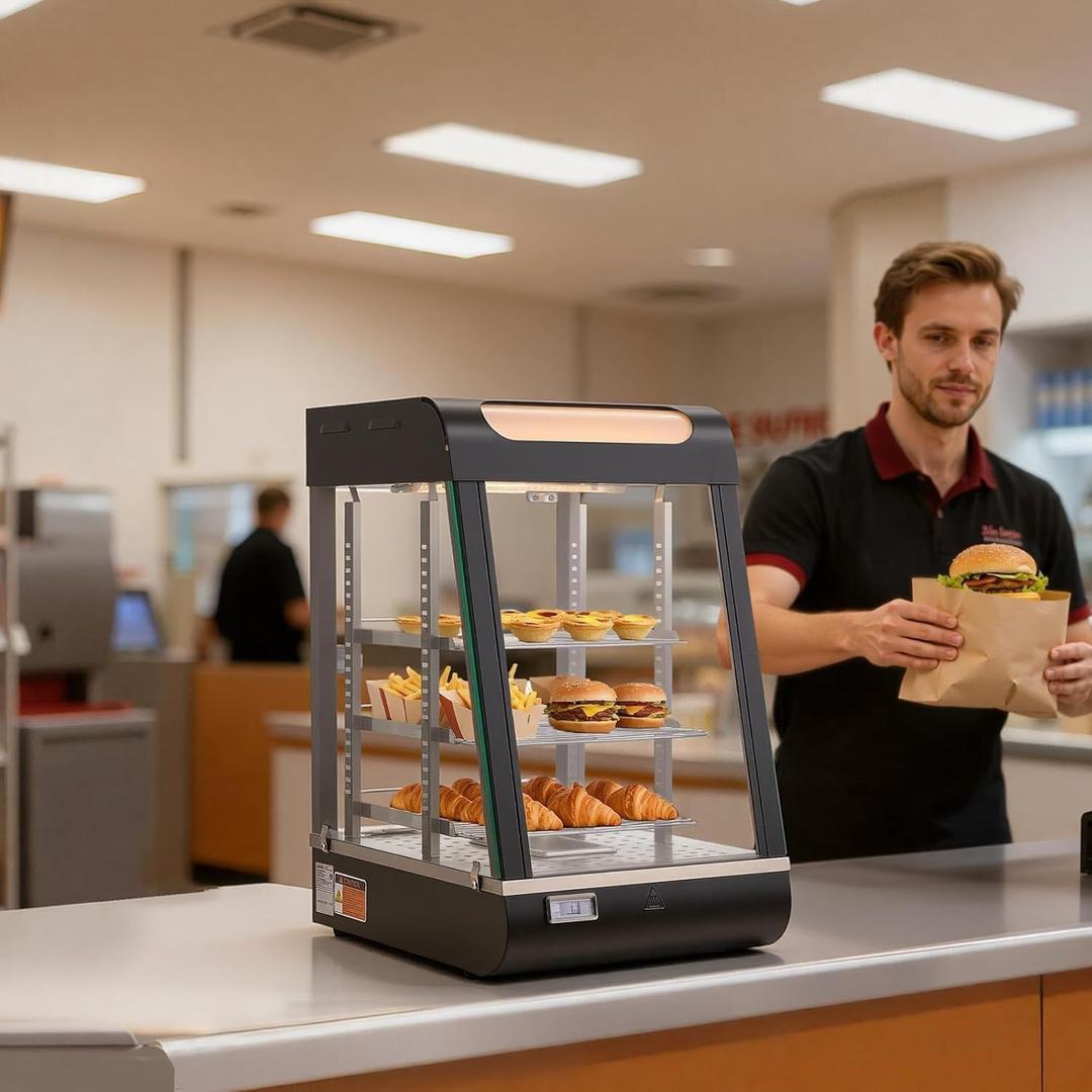 Buffetzubehör mieten & vermieten - Wärmetheke 3-stöckig 57 L Warmhaltevitrine 800 W Warmhaltetheke 30–85 °C Speisenwärmer mit LED in Elsdorf (Rheinland)
