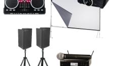 Präsentationsset Leinwand, Beamer, Lautsprecher und Funkmikrofone