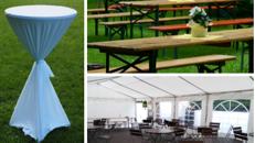 Bierzeltgarnitur, Stehtische, Lounge Möbel, Bierbänke & Biertische, Tresen, Bar, Musikanlagen, Zeltverleih, Partyzelt, Pavillon, Pagoden, Sternzelt, Eventzelt