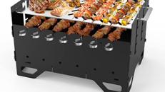 Schaschlinkgrill mobiler Mangal Holzkohlegrill BBQ mit Plancha-Grillplatte und 7 Spießen 2-in-1