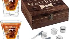 Whiskysteine Set in Holzbox 8 Eiswürfel widerverwendbar Edelstahlzange 2 Whiskygläser