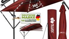 Alu Sonnenschirm Ø 330 cm LED-Beleuchtung Solar Rechteckig Abdeckung Kurbel Ampelschirm Gartenschirm