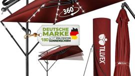 Alu Sonnenschirm Ø 330 cm LED-Beleuchtung Solar Rechteckig Abdeckung Kurbel Ampelschirm Gartenschirm