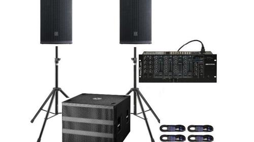 Prof. Musikanlage mit kräftigem 18" Subwoofer, Mischpult und prof. Lautsprechern