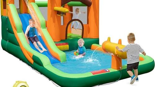 Wasserpark Hüpfburg mit Wasserrutsche tropischer 7-in-1 Wasserpark lang Rutsche 460 x 185 x 230