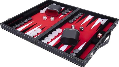 Backgammon 38 cm Luxus hochwertige Materialien Kunstleder spezielle Filzeinlage Perlmuttwürfel
