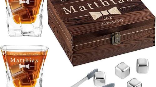 Whiskysteine Set in Holzbox 8 Eiswürfel widerverwendbar Edelstahlzange 2 Whiskygläser