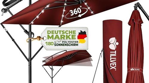 Alu Sonnenschirm Ø 330 cm LED-Beleuchtung Solar Rechteckig Abdeckung Kurbel Ampelschirm Gartenschirm