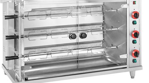 Catering Hähnchengrill Gas 3 Spieße = 3 x 5 Hähnchen Beleuchtung 3 x 5 kW Edelstahl gehärtetes Glas