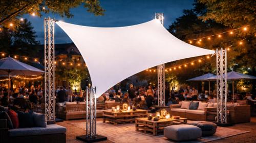 Sonnensegel SET 4,0 x 5,0 Meter mit Lichterketten – Marktschirm, Großschirm, Terrassenschirm