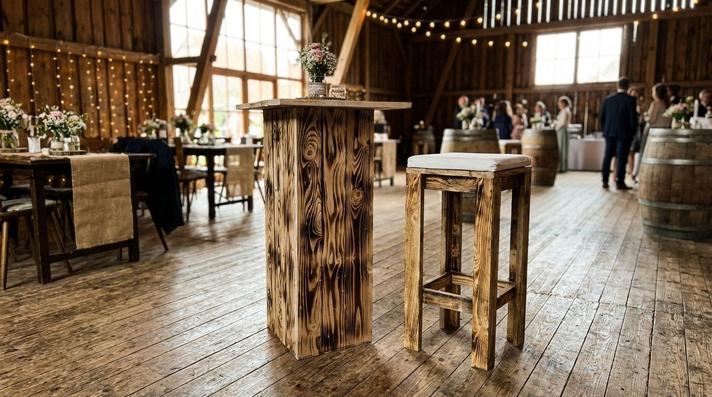 Tischdekoration mieten & vermieten - Barhocker "Rustikal" mieten – Massivholz Vintage – Optional mit Sitzkissen in Wuppertal