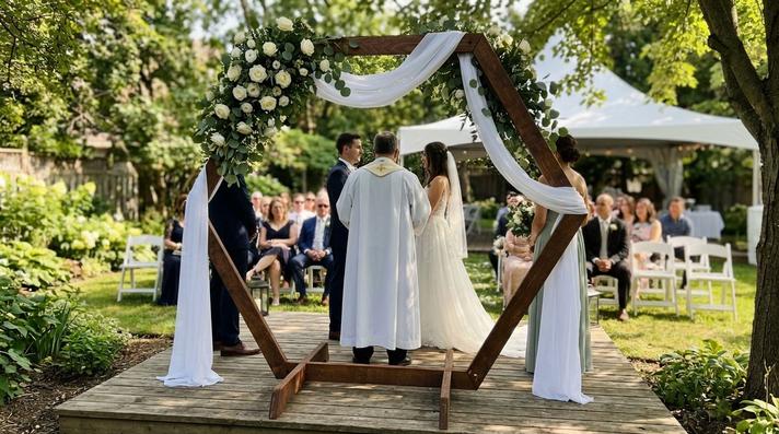 Stehtischhussen mieten & vermieten - Traubogen mieten – Hexagon aus Holz (XXL 220x250 cm) – Boho & Vintage Hochzeit in Wuppertal