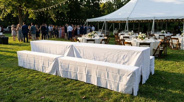 Hussen Bierzeltgarnitur mieten & vermieten - Hussen-Set für Bierzeltgarnitur mieten – 70 cm (Extra Breit) – 3-teilig Weiß in Wuppertal