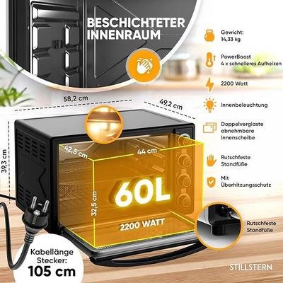 Grill & Ofen mieten & vermieten - Minibackofen Hähnchengrill Drehspieß Toaster Grill Pizzaofen mit Umluft 60L Antihaftbeschichtung in Elsdorf (Rheinland)