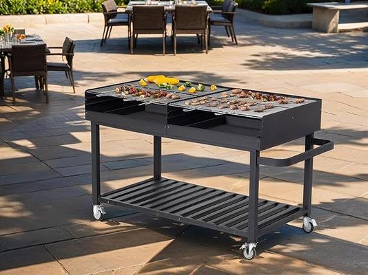 Grill & Ofen mieten & vermieten - Holzkohlegrillwagen groß Riesengrill Stahl/Edelstahl Bremse Schwarz 1780 x 910 x 1020 in Elsdorf (Rheinland)