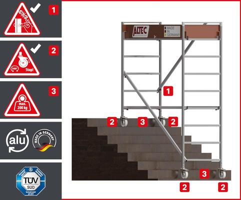 Gerüst mieten & vermieten - Treppengerüst 9,1 m Arbeitshöhe gebremste Lenkrollen TÜV Traglast 200kg/m² Alu Rollgerüst Baugerüst in Elsdorf (Rheinland)